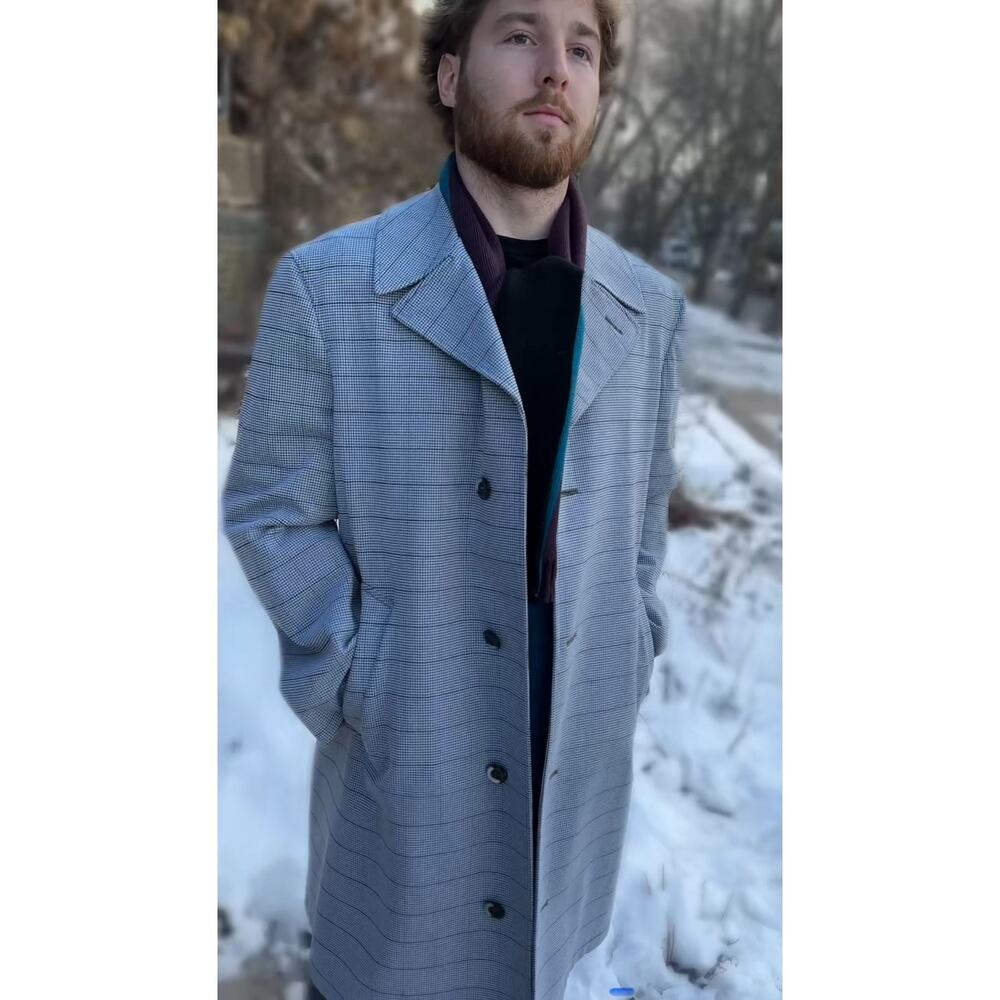 Vintage Sears Travelknit Glen Plaid Overcoat 42R Gray Black Lined‎ Coat 1970s